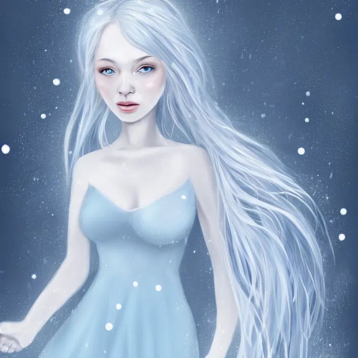 Prompt: full body portrait of a woman with pale blue hair wearing a long white dress made out of snowflake in the middle of a heavy snowstorm. she looks almost dead because of how pale she is. digital art by maromi sagi
