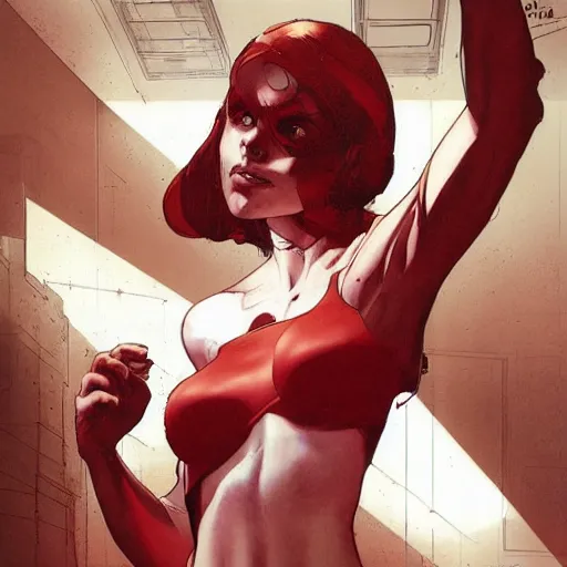 Image similar to a beautiful comic book illustration of a red-headed woman with white shirt in a laboratory by Jerome Opeña, featured on artstation