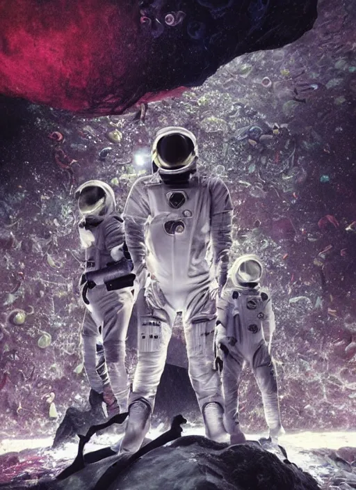 Image similar to astronauts in dark and empty void underwater - complex and hyperdetailed technical suit. reflection and dispersion materials. rays and dispersion of light. volumetric light. 5 0 mm, f / 3 2. noise film photo. flash photography. ultra realistic, wide angle. poster by wayne barlowe, hajime sorayama aaron horkey, craig mullins