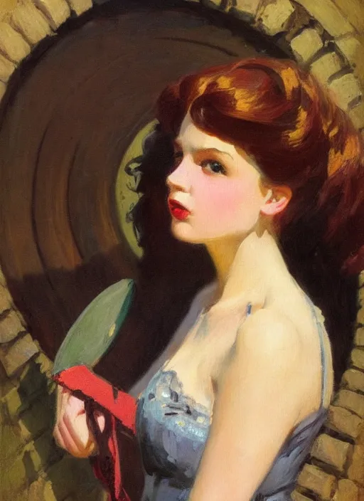 Image similar to a portrait of a pretty sewer punk young lady by abbott fuller graves