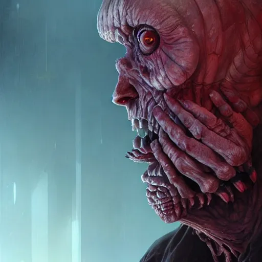 Image similar to character concept art portrait of a horror creature, depth of field background, artstation, award - winning realistic sci - fi concept art by jim burns and greg rutkowski, beksinski, a concept art masterpiece, red color palette, james gilleard, bruegel, alphonse mucha, and yoshitaka amano.