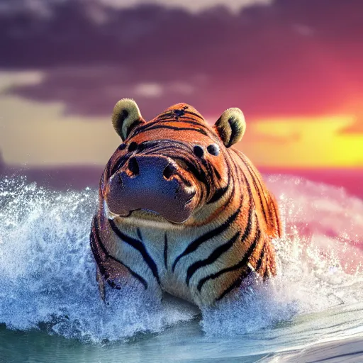 Image similar to a closeup photorealistic photograph of a happy cute tiger hippopotamus riding a large wave during sunset. surf in the background. professional capture. brightly lit scene. this 4 k hd image is trending on artstation, featured on behance, well - rendered, extra crisp, features intricate detail, epic composition and the style of unreal engine.