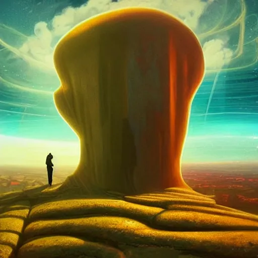 Image similar to Alena Aenami, scifi landscape, hyperrealistic surrealism, award winning masterpiece with incredible details, epic stunning, infinity pool, a surreal vaporwave liminal space, highly detailed, trending on ArtStation, artgerm and greg rutkowski and alphonse mucha, daily deviation, IAMAG, broken giant marble head statue ruins, golden hour