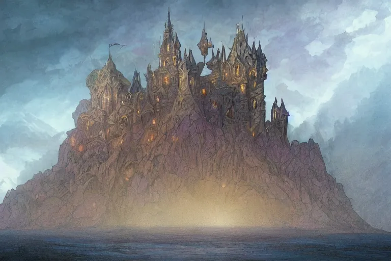 Prompt: wide angle view, a beautiful digital painting of a fairy castle made of sand on a beautiful coastline, tranquil day, magical, by greg rutkowski, brian froud, marc simonetti, jean - baptiste monge, and alphonse mucha, symmetry, complementary colors, ink illustration, trending on artstation