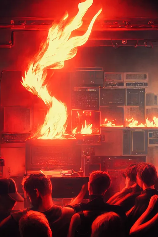 Prompt: character art by ruan jia, joe biden wearing wayfarer glasses and red baseball hat at a music concert, on fire, fire powers, room filled with wiring, electronics, computer equipment, monitors