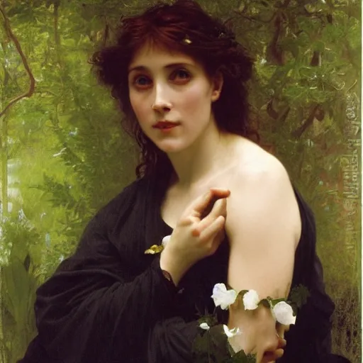 Image similar to Emma Thompson as Ophelia in Hamlet, detailed oil painting by William Adolphe Bouguereau