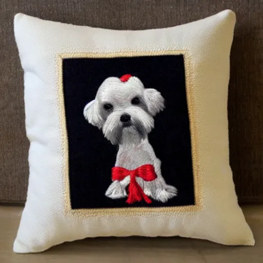 Prompt: maltese terrier embroidered on pillow, photo, realistic