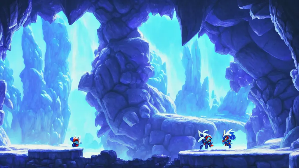 Prompt: side scrolling megaman zero stage 1 the ice cave, studio ghibli, pixar and disney animation, sharp, rendered in unreal engine 5, highly detailed, digital painting, artstation, hollow knight, smooth, sharp focus, illustration, wide angle, wallpaper, splash art, promo art, dramatic lighting, art by artgerm and greg rutkowski and bo chen and jin xiaodi