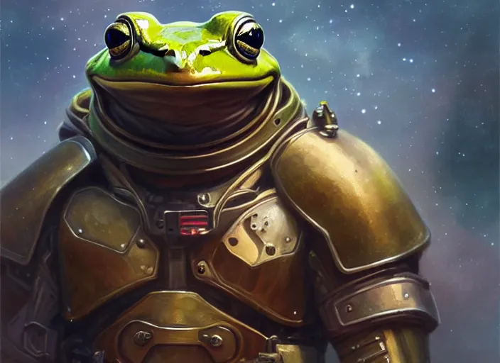 Image similar to portrait of a frog dressed as a spaceship pilot, d & d, armour! fantasy, intricate, elegant, highly detailed, digital painting, artstation, concept art, smooth, sharp focus, illustration, art by artgerm and greg rutkowski and alphonse mucha