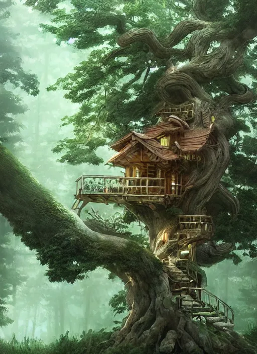 Image similar to beautiful tree house in a gnarly bonsai in a ancient forrest, dynamic lighting, cinematic, establishing shot, extremly high detail, foto realistic, cinematic lighting, post processed, concept art, artstation, matte painting, style by ghibli, myazaki