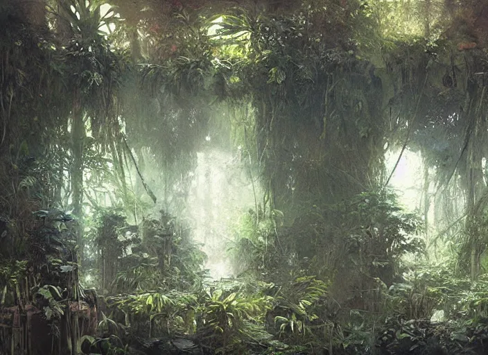 Prompt: interior shot of a lush jungle, an overgrown City can be seen far in the distance, masterpiece, painterly, art by artem demura, emotion, fantasy art,