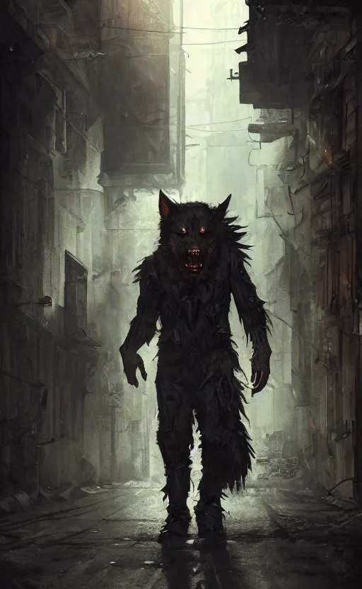 Prompt: hyperrealistic, Portrait of a werewolf in a dark alley, torn clothing, fantasy, urban, highly detailed, cinematic lighting, digital art painting by greg rutkowski