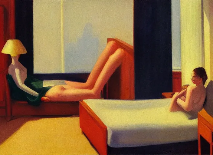 Image similar to two people in a hotel room in afternoon light, oil painting by edward hopper