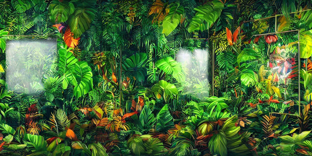 Image similar to Amazonian jungle with tropical plants and leaves falling from tree and a rectangular colorful neon frame placed in the center , unreal 5, hyperrealistic, realistic, photorealistic, dynamic lighting, highly detailed, cinematic landscape, studio landscape, studio lighting