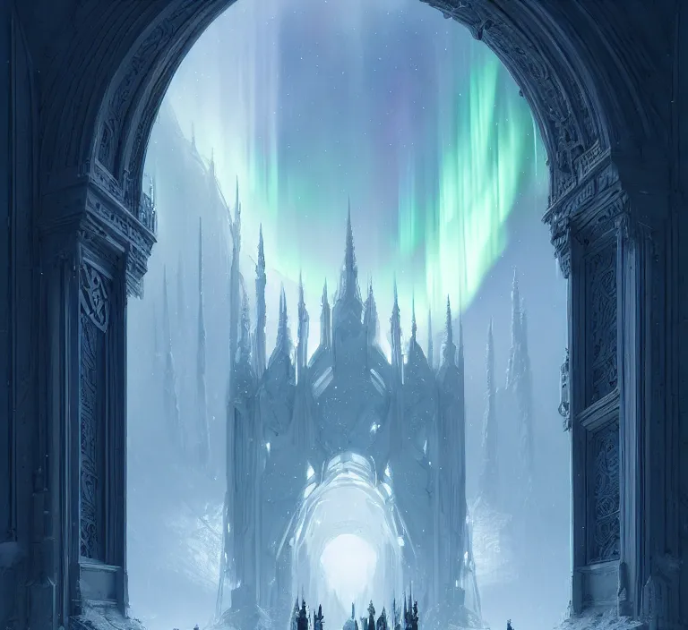 Image similar to a very detailed concept art of intricate and well designed white gates to aurora borealis infused with magic by greg rutkowski, dynamic lighting trending on artstation, symmetry, digital art, 4 k, hyper realistic, octane render, sharp focus