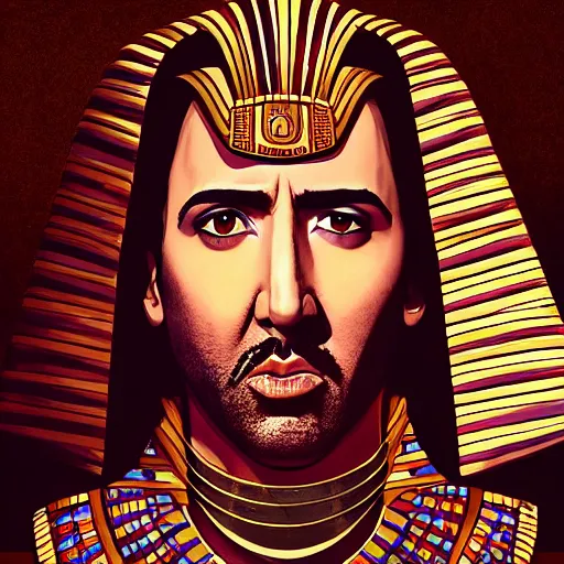 Image similar to a portrait of a beautiful Egyptian Nicolas Cage wearing ancient Egyptian fashion, desert background, rich vivid colors, ambient lighting, dynamic lighting, 4k, official media, anime key visual, makoto shinkai, ilya kuvshinov, lois van baarle, rossdraws, detailed, trending on artstation