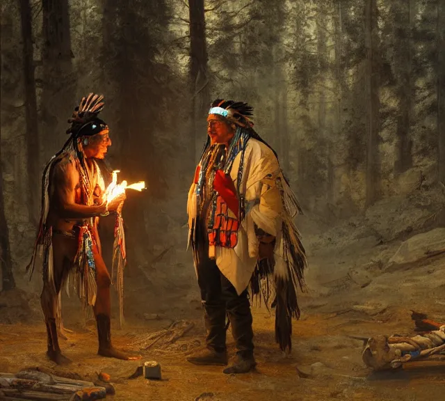 Image similar to a cybernetic man from the future is shaking hands with a native american man in traditional headress, lighting from a campfire in, mutual respect, by greg rutkowski, by ilya repin, extreme detail, 8 k, wide shot