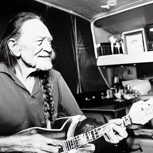 Prompt: willie nelson having a smoke in his trailer.