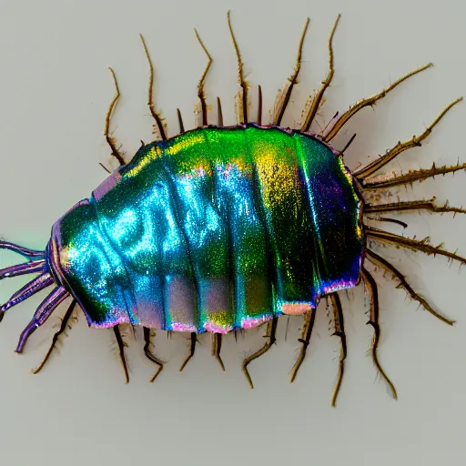 Prompt: abstract iridescent metallic giant isopod. top view. white background. long shot. centered in frame