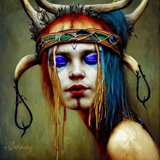 Image similar to A young female shaman blindfolded with a decorated headband like heilung, blue hair and antlers on her head, made by Esao Andrews and Karol Bak and Zdzislaw Beksinski