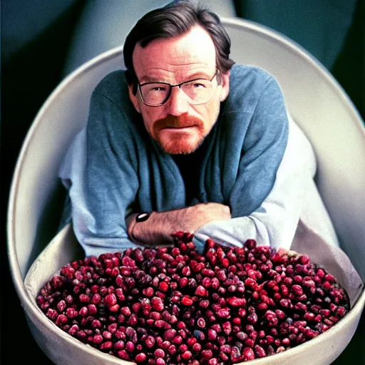 Prompt: tiny bryan cranston's body is a bowl of cranberries, head emerging from cranberries, natural light, sharp, detailed face, magazine, press, photo, steve mccurry, david lazar, canon, nikon, focus
