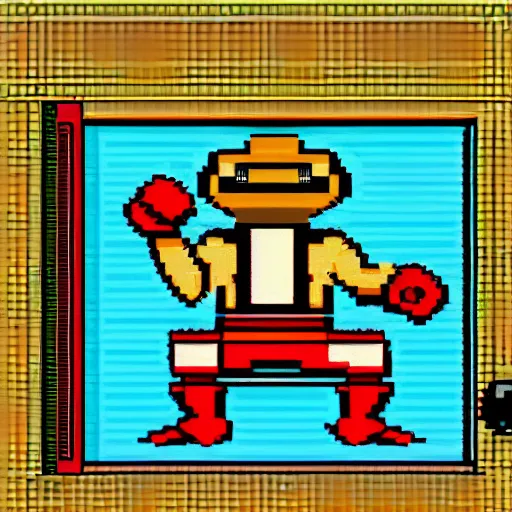 Prompt: extreme long shot, 8 bit nes graphics. antropomorphic muscular masculine pepe the frog. kickboxer fighter, in shorts. aggressive large head. art from nes game cartridge