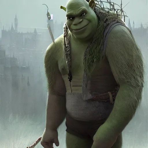 Prompt: a highly detailed epic cinematic concept art CG render digital painting artwork: Shrek. By Greg Rutkowski, Ilya Kuvshinov, WLOP, Stanley Artgerm Lau, Ruan Jia and Fenghua Zhong, trending on ArtStation, subtle muted cinematic colors, made in Maya, Blender and Photoshop, octane render, excellent composition, cinematic atmosphere, dynamic dramatic cinematic lighting, precise correct anatomy, aesthetic, very inspirational, arthouse
