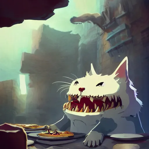 Image similar to feared cat running away from the giant carnivorous sandwich, artstation hq, dark phantasy, stylized, symmetry, modeled lighting, detailed, expressive, true unsimulated emotions, created by hayao miyazaki