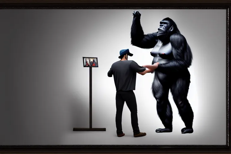 Image similar to Gorilla standing beside a framed portrait of a man wearing a novelty cap with a propeller, hyperrealistic, concept art, 8k, artstation, cinematic, volumetric lighting