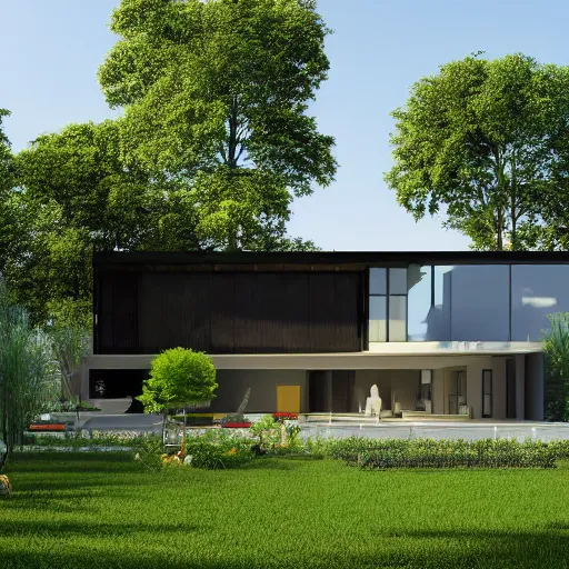 Prompt: rendering of a single floor house, modern architecture, with a garden and a pool