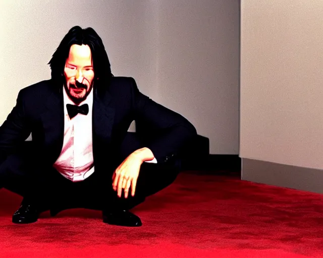 Image similar to keanu reeves bowing down, realistic, award winning photograph, 1 0 0 mm