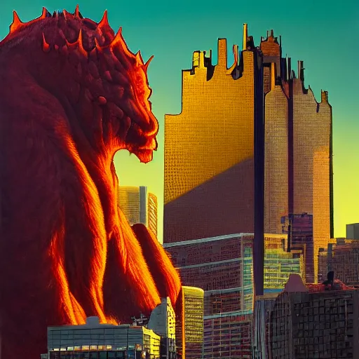 Prompt: by nathan wirth, by john berkey manmade cool violet, cow print. a beautiful installation art of a large, orange monster looming over a cityscape. the monster has several eyes & mouths, & its body is covered in spikes. it seems to be coming towards the viewer, who is looking up at it in fear.