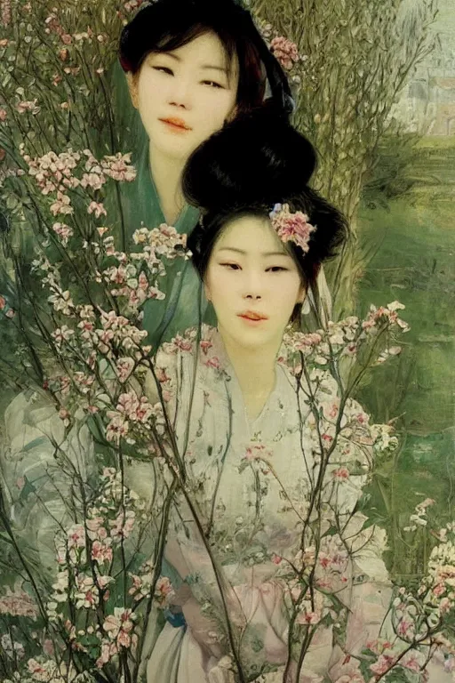 Image similar to close - up fashion asian woman portrait airy flowers clouds art by vasnetsov