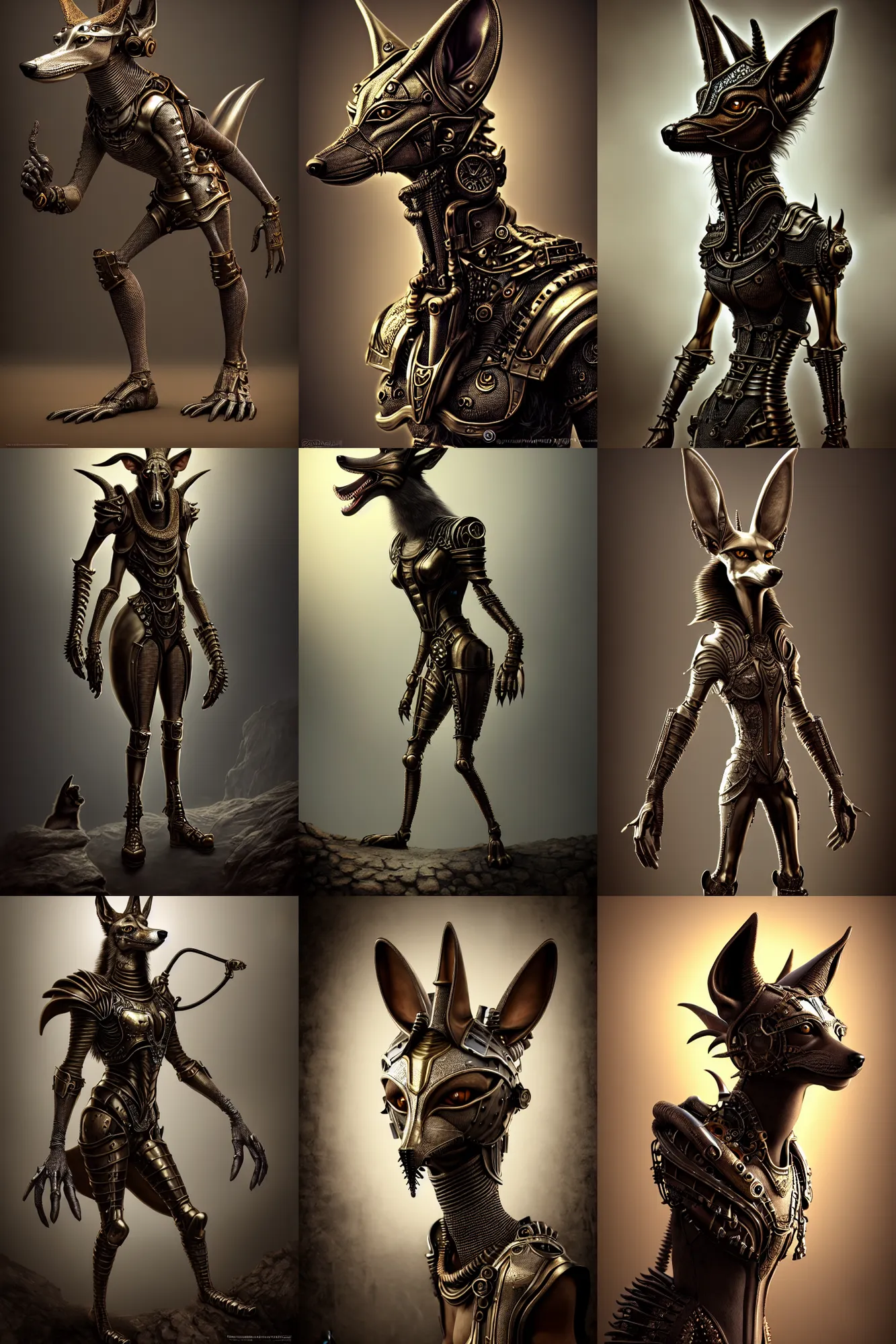 Prompt: full body and head anthropomorphic jackal wearing steampunk armor, beautiful natural rim light, intricate, fantasy, anubis, elegant, hyper realistic, photo realistic, ultra detailed, concept art, octane render, beautiful natural soft rim light, silver details, elegant, ultra detailed, dustin panzino, giger, mucha