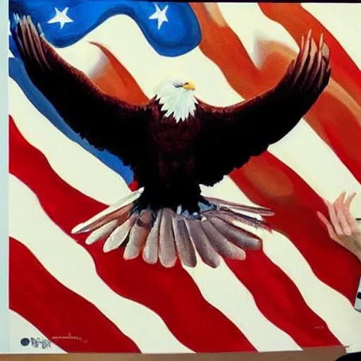 Image similar to alex ross painting crying bald eagle in front of american flag, proud, heroic