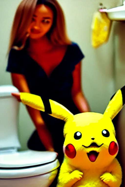 Prompt: pikachu sitting on a toilet