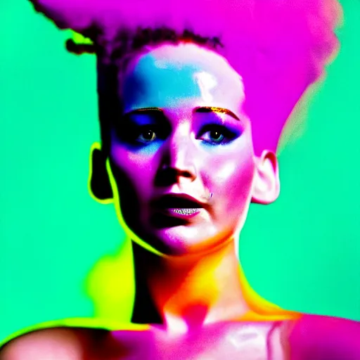 Image similar to excited jennifer lawrence as the bride of frankenstein, macro photography, glowing retinas, vaporwave, fuscia cyan yellow white powder on face, national geographic