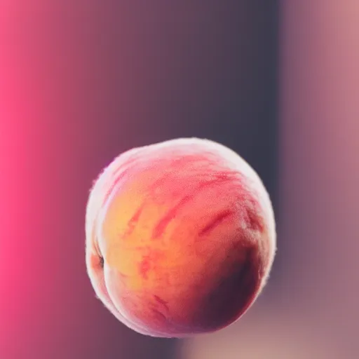 Image similar to a macro photo of a round peach's dry hairy skin, hyper realistic, hyper detailed, 35mm, very grainy film, pink volumetric studio lighting, bokeh, black background award winning shot, vogue magazine, cinematic, 8k, very closeup, elegant, tender, pastel