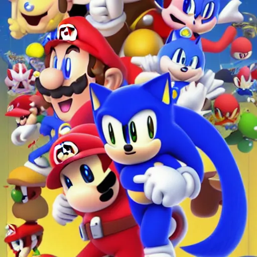 Image similar to super mario, kirby, sonic the hedgehog, super smash bros, star wars themed movie poster high detail accurate eyes and good gesture poses, pokemon anime cartoon style