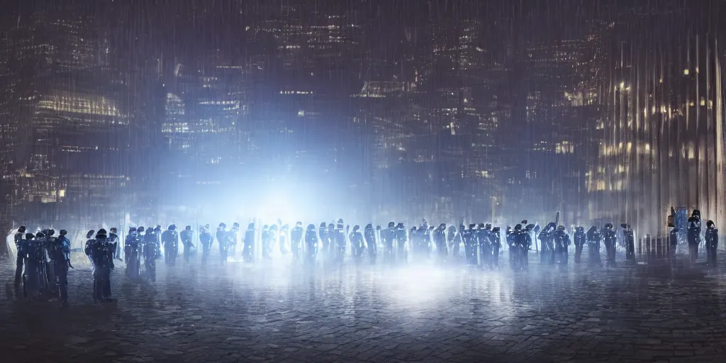 Image similar to a lot of policemen protect a huge spiral - shaped luminous object right in the center of the city from protesting people, night, rain and light fog, professional lighting, concept art in 3 d, high detail, professional lighting