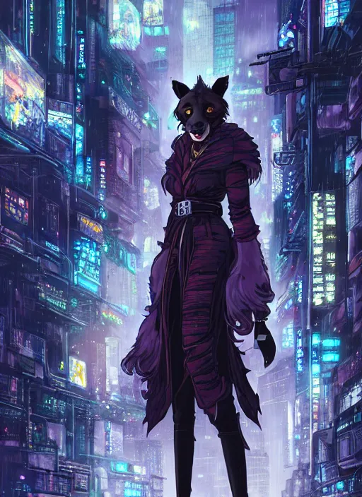 Image similar to character portrait of a female anthro hyena fursona with long black curly hair wearing jedi robes in a cyberpunk city at night while it rains. hidari, color page, tankoban, 4K, tone mapping, Akihiko Yoshida.