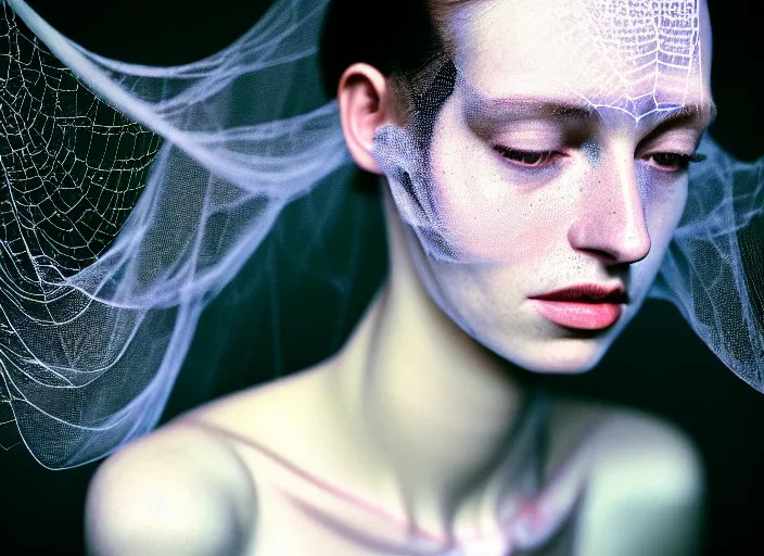Image similar to Kodak Portra 400, 8K, soft light, volumetric lighting, highly detailed, britt marling style 3/4 , fine art portrait photography of a beautiful woman by Paolo Roversi, face and body merging with luminescent spiderwebs, symbolic metamorphosis complex 3d render , 150 mm lens, art nouveau fashion embroidered,bust with intricate details, elegant, hyper realistic, ultra detailed, octane render, underwater soft colours, emotionally evoking, head in focus, fantasy, elegant, soft blur background light, volumetric lighting, highly detailed, Refined, Highly Detailed, soft lighting colors scheme, fine art photography, Hyper realistic, photo realistic