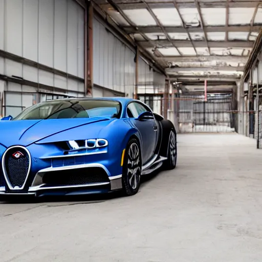 Prompt: an abandoned, derelict, rusty bugatti chiron in a dirty warehouse