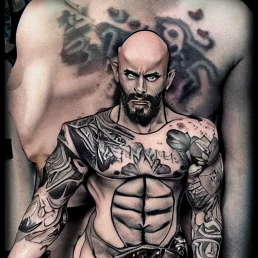 Image similar to muscular bald man, tattooed body, sword in hands, HD, anime style,