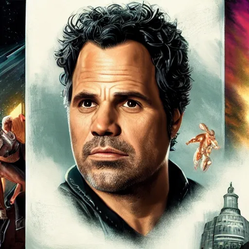 Image similar to portrait of mark ruffalo in the marvel cinematic universe, official media, official poster artwork, highly detailed, centered, solid color background, digital painting, artstation, concept art, smooth, sharp focus, illustration, donato giancola, joseph christian leyendecker, les edwards, ed repka, wlop