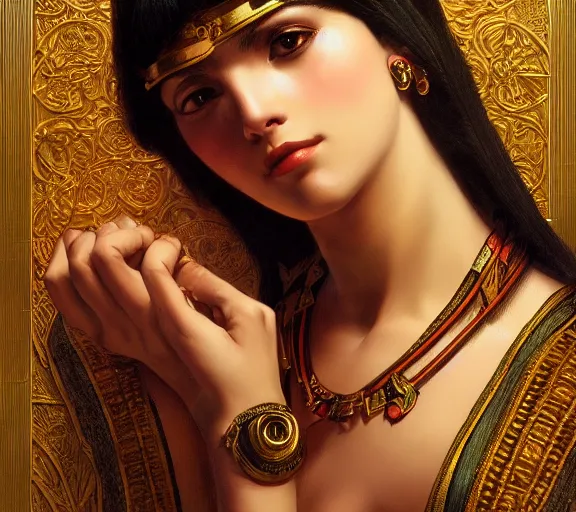 Image similar to photography of sensual cleopatra with hands - up, deep focus, intricate, elegant, highly detailed, digital painting, artstation, concept art, matte, sharp focus, illustration, art by artgerm and greg rutkowski and alphonse mucha and gil elvgren