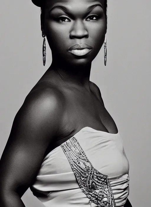Prompt: portrait of beautiful female 5 0 cent by mario testino, headshot, detailed, award winning, sony a 7 r