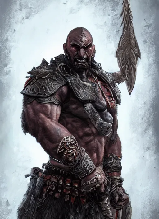 Prompt: A fantasy comic book style portrait painting of Dave Bautista as a grim orc warrior, unreal 5, DAZ, hyperrealistic, octane render, RPG portrait, dynamic lighting