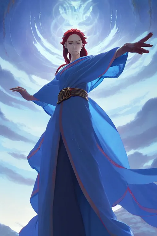 Image similar to elf female sorcerer doing water magic spells, blue robes, red hair, finely detailed perfect face, exquisite details, mid view, design on a white background, by studio muti, greg rutkowski makoto shinkai takashi takeuchi studio ghibli