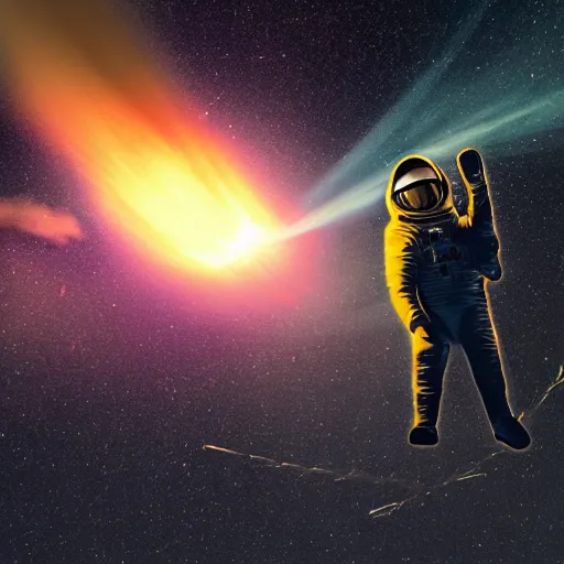Image similar to astronaut amongst a falling flaming meteor shower and the stars